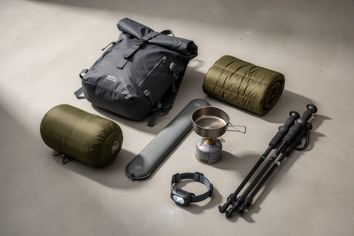 Ultralight backpacking gear arranged on a concrete surface for a three-day trip