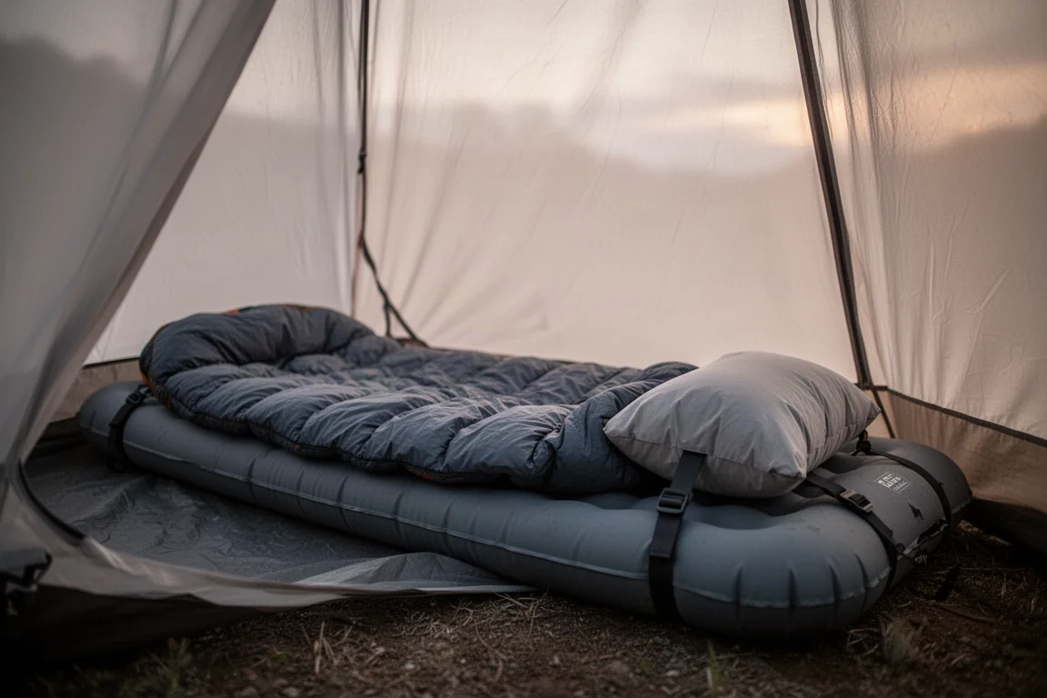 Opgeblazen slaapmat met quilt in een éénpersoons shelter bij schemering