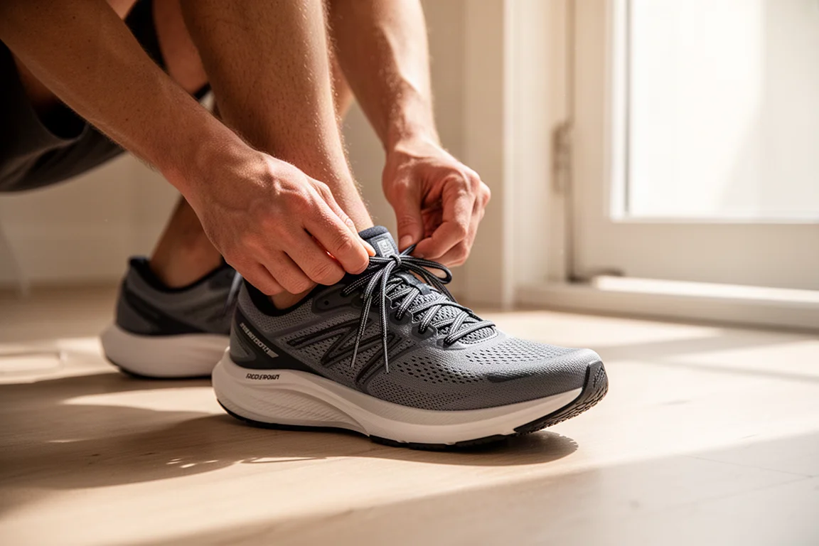 Hardloper bindt binnenshuis de veters van een roadrunschoen met brede tenenbox