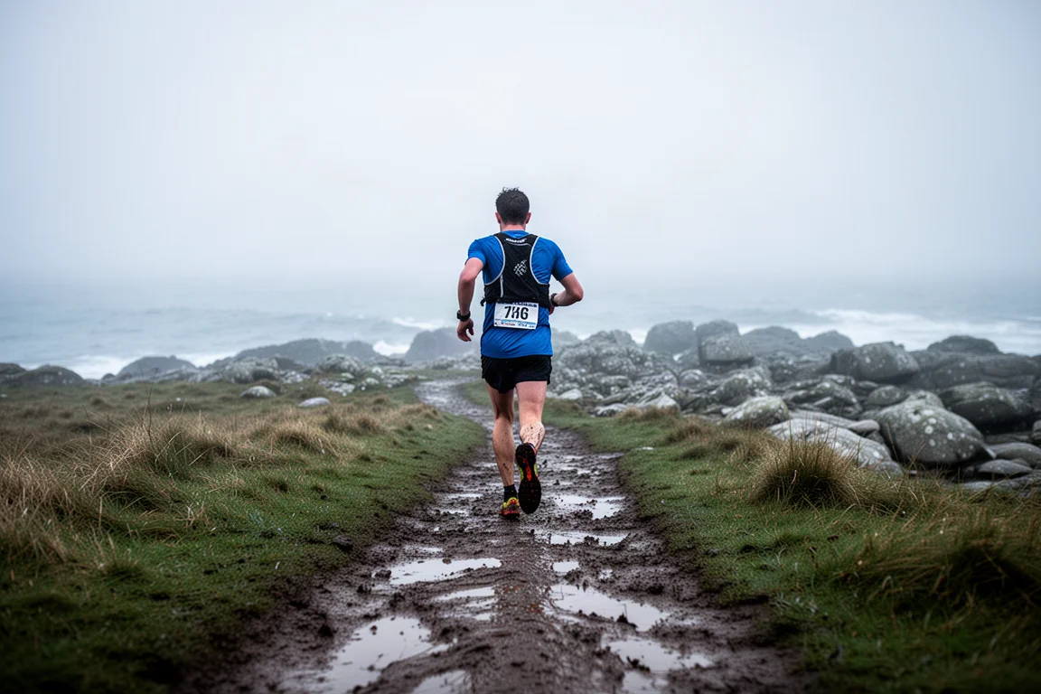 Trailrunner beweegt door modderig terrein tijdens een coastal ultramarathon