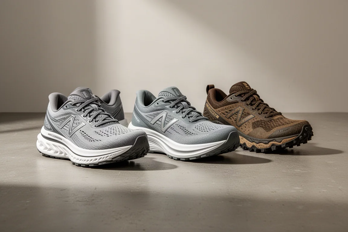 Three running shoes lined up on a concrete surface