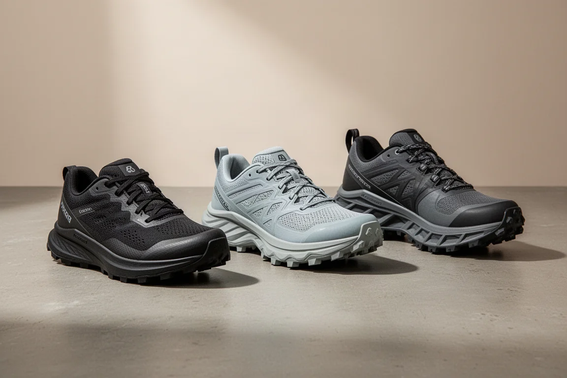 Tre scarpe da trail running allineate su una superficie in cemento