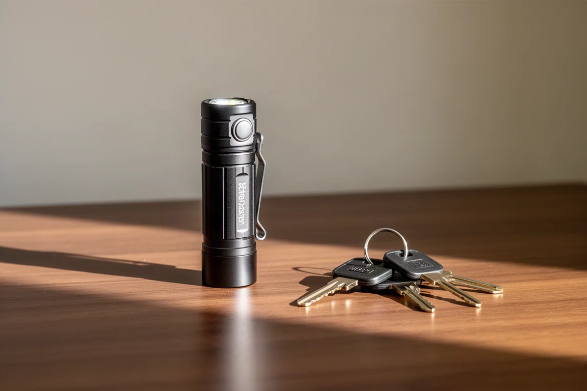 Linterna EDC compacta de aluminio de pie sobre un escritorio de madera con luz suave de ventana