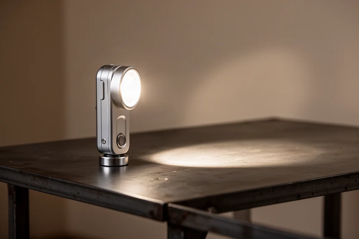 Linterna plana pequeña con luz lateral emitiendo un resplandor amplio y difuso sobre una mesa