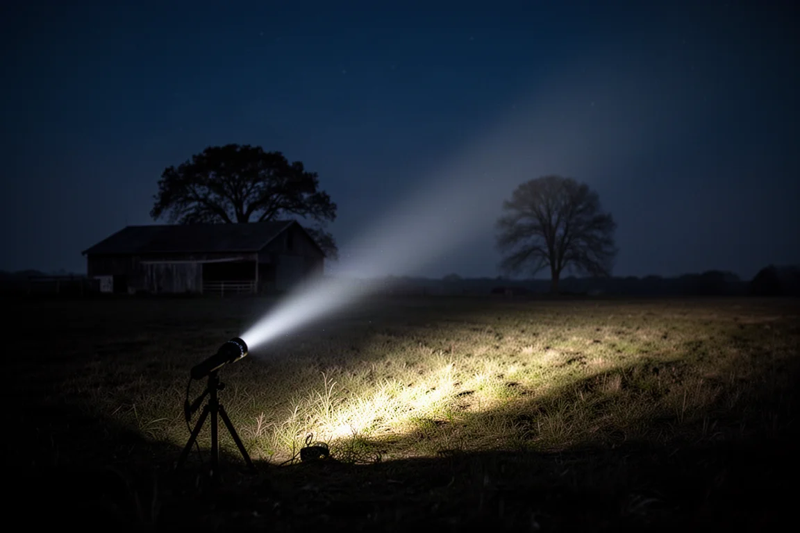 Tres haces de linterna proyectados en un campo de noche mostrando perfiles de haz diferentes
