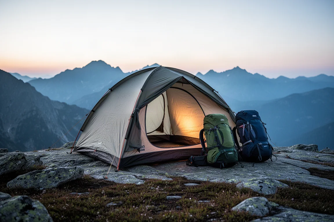 黃昏時分自立式帳篷搭在岩石高山平台上,旁邊有兩個登山背包
