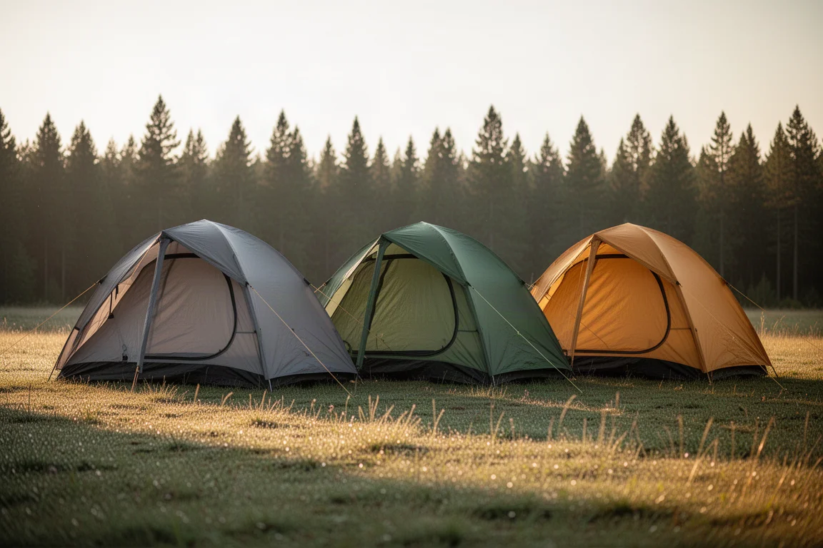 Three freestanding backpacking tents pitched side by side on a grassy campsite at golden hour