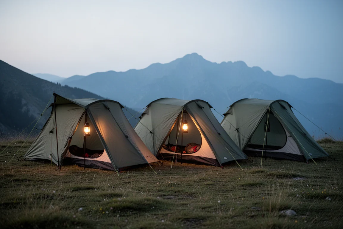 Three freestanding backpacking tents pitched side by side on an alpine campsite at dusk