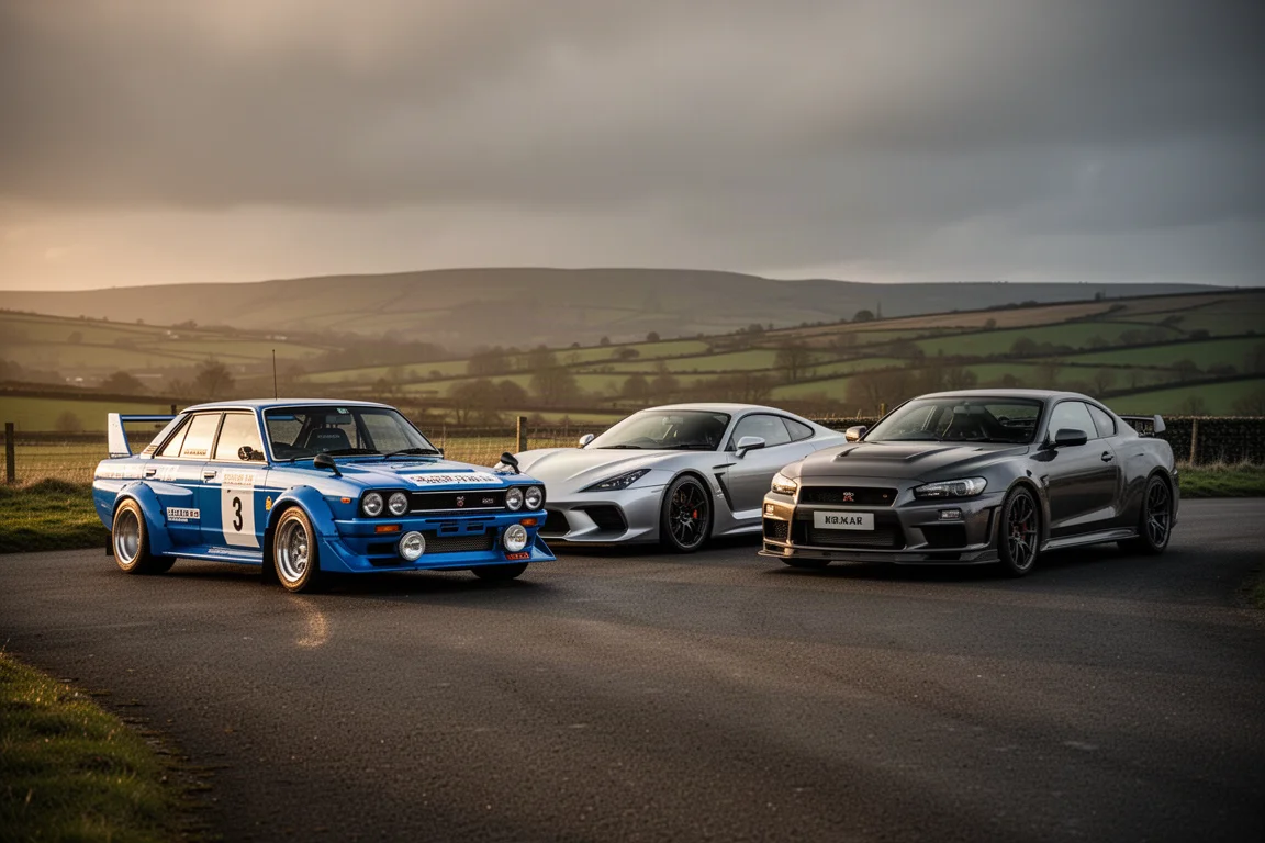 Three Japanese performance cars parked in a row on a quiet country road