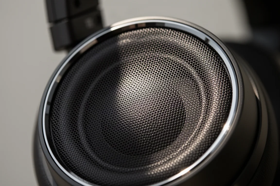 Close-up van een open-back grille met fijn metalen gaas boven een donkere driverholte