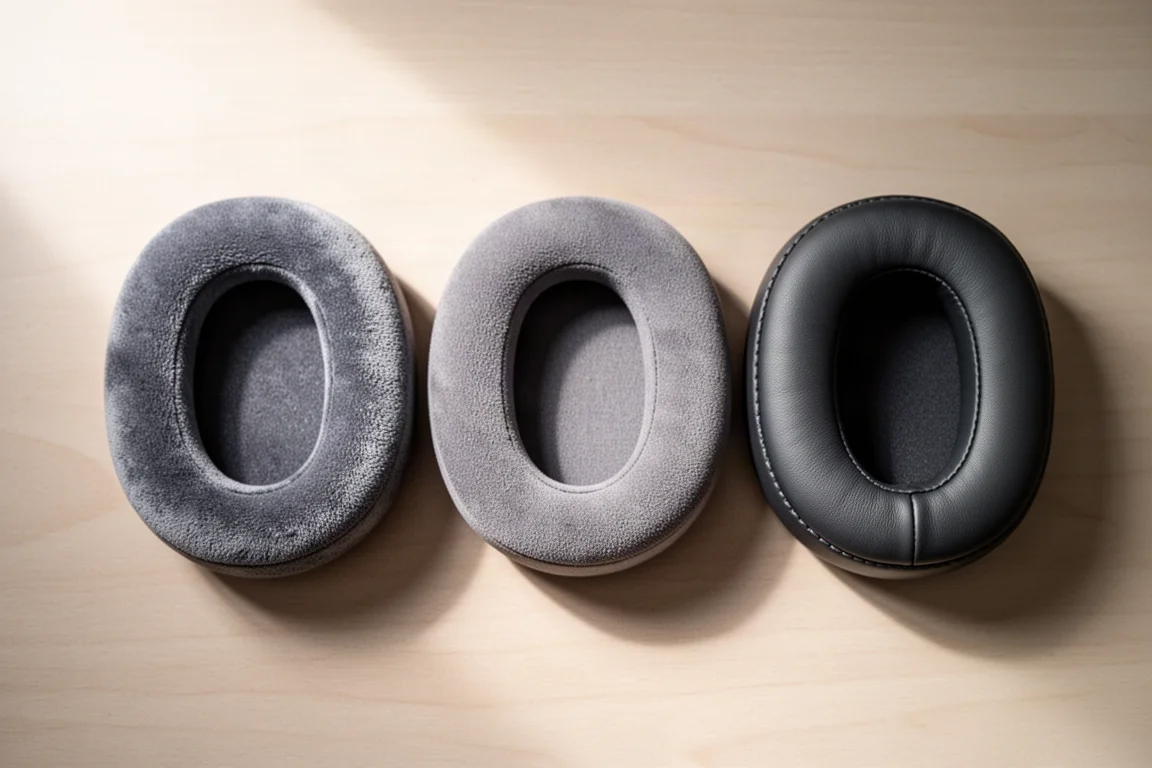 Drie oorkussens in velours, kunstsuede en leerlook-materialen op een houten oppervlak