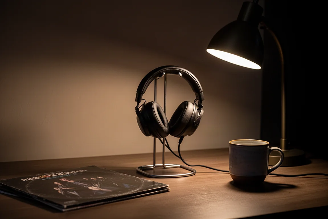 Over-ear koptelefoon op een standaard naast een warme bureaulamp in een schemerige kamer