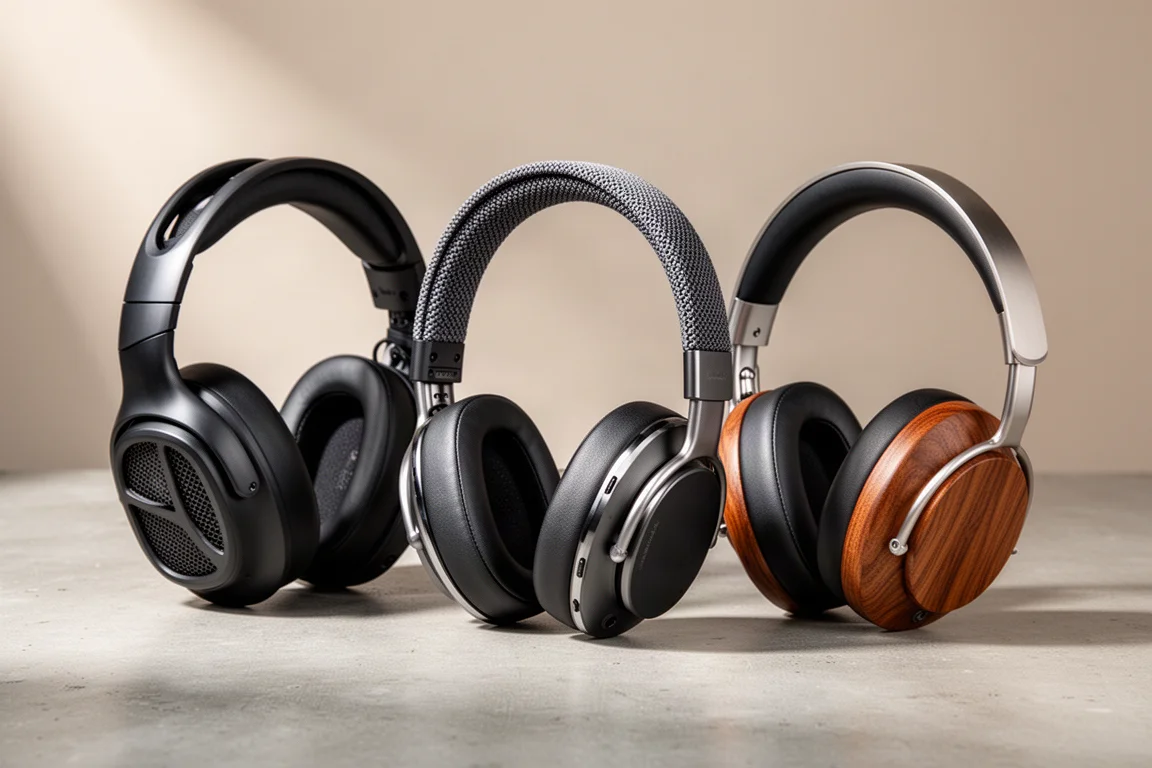 Three over-ear headphones with plastic, composite, and wooden earcups on a concrete surface