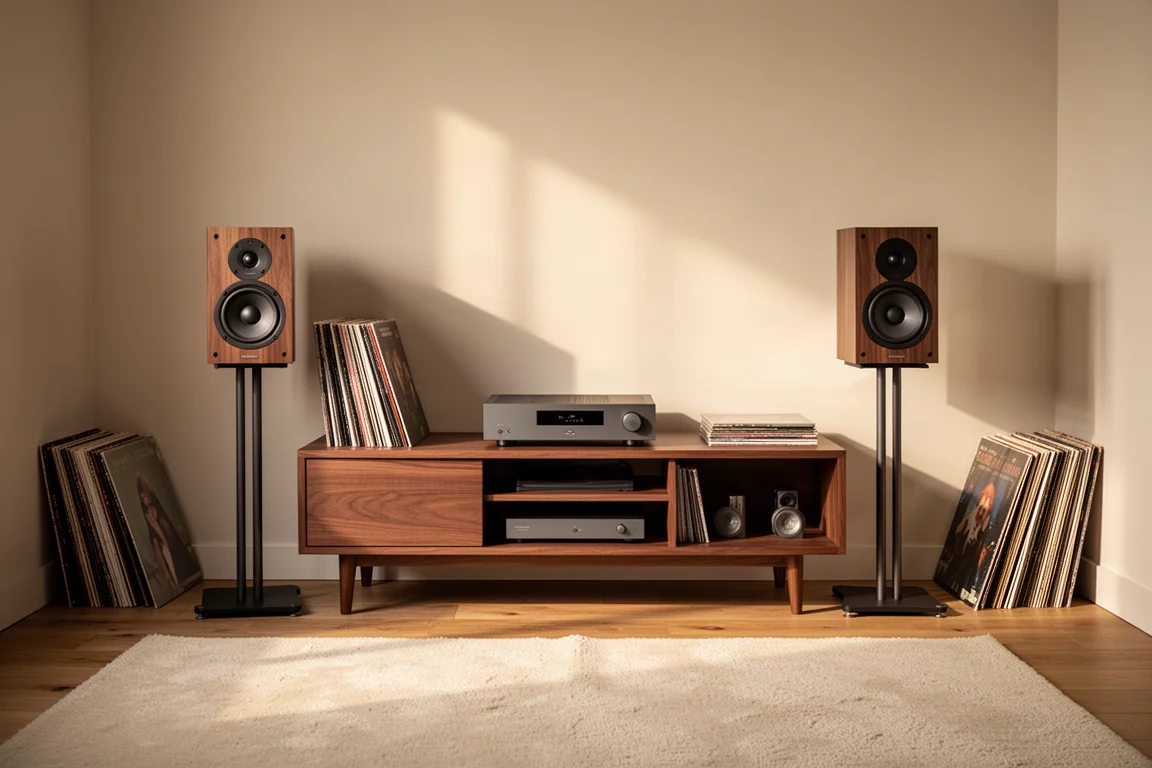 Kompakte Regallautsprecher auf Ständern in einem warmen Hörraum mit Vinylplatten