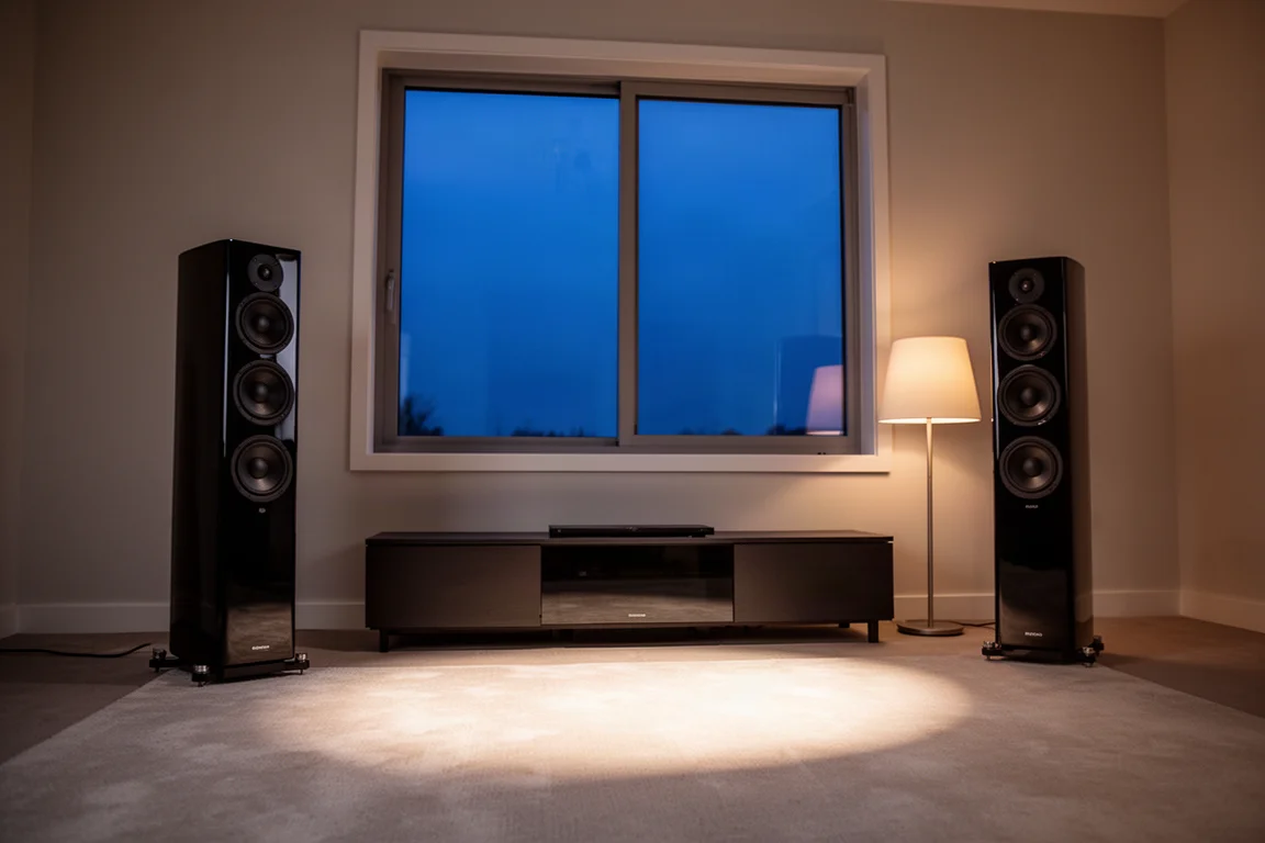 Zwei hohe, glänzend schwarze Standlautsprecher, die in der Abenddämmerung ein TV-Möbel im Wohnzimmer flankieren
