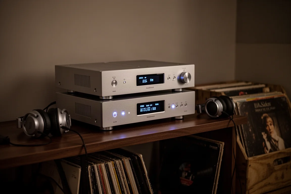 Silberner Verstärker und CD-Player, die in einem dunklen Hörraum sanft auf einem Regal leuchten