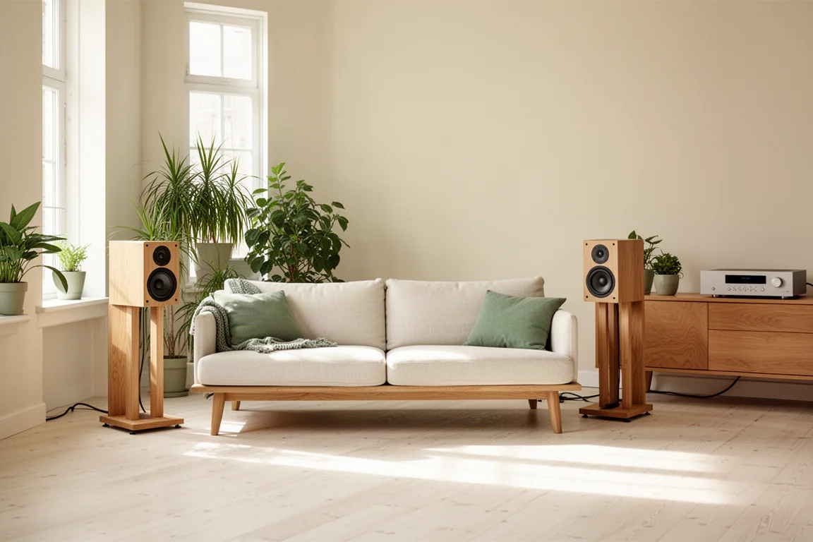 Helles Wohnzimmer in einer Wohnung mit kompakten Regallautsprechern auf Ständern neben einem Sofa