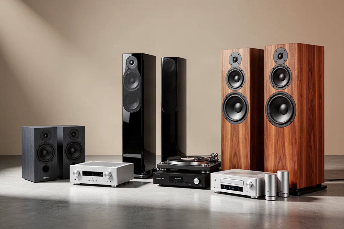 Three hi-fi system groupings with standmount and tower speakers, amplifiers, and turntables on concrete