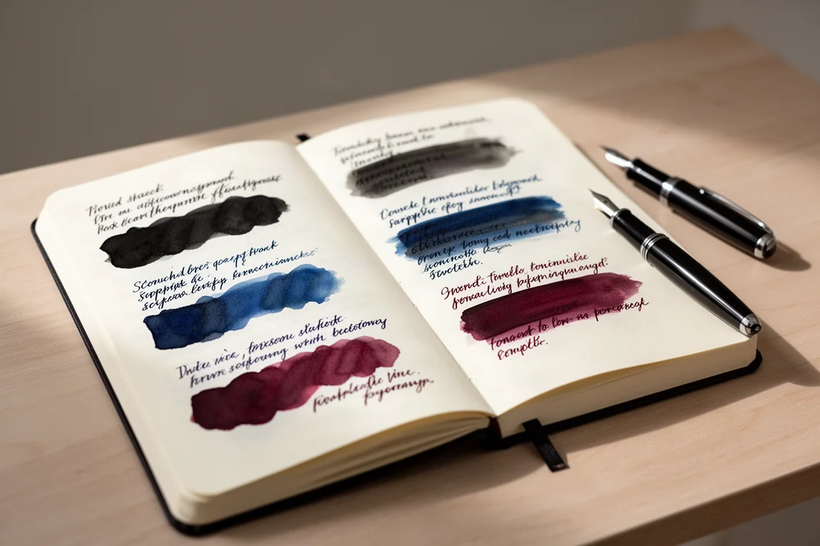 Journal d'encres ouvert avec des échantillons manuscrits d'encre noire, bleue et rouge