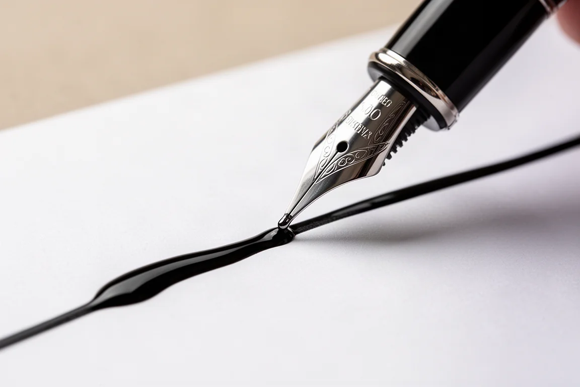 Plume fontaine traçant un trait noir brillant et humide sur papier blanc