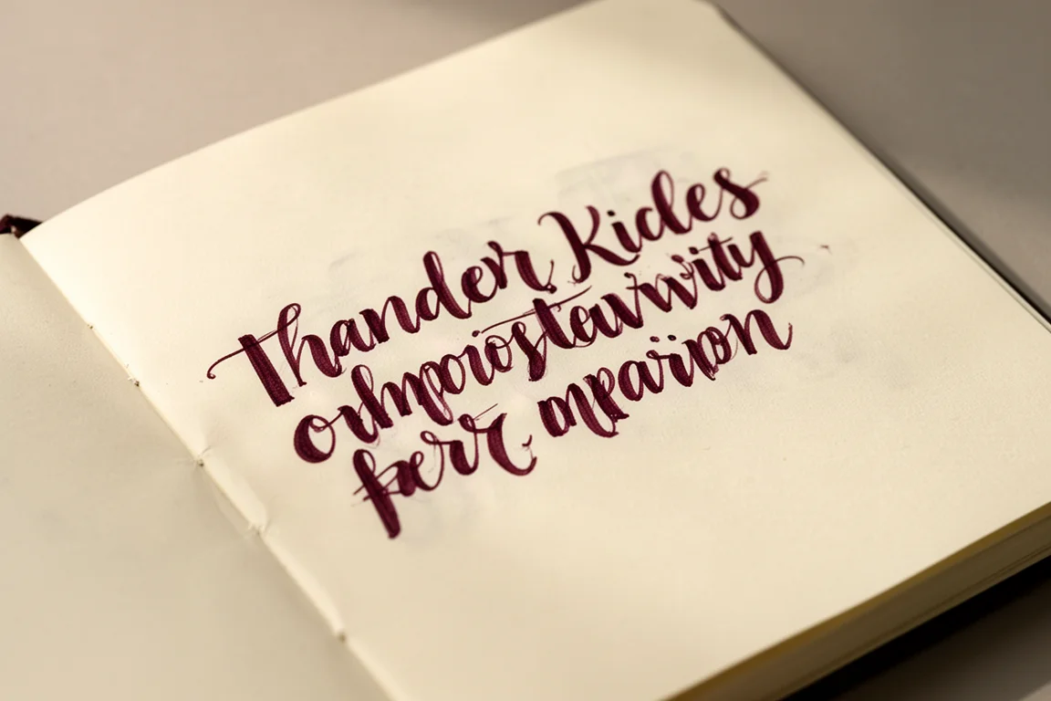 Encre rouge bordeaux foncé avec dégradés à travers une plume flexible large dans un journal ouvert