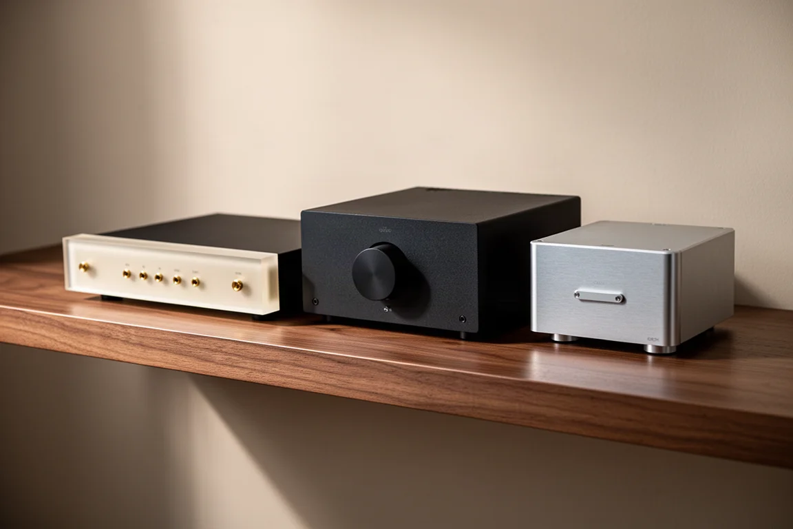 Three integrated hi-fi amplifiers arranged on a walnut shelf in soft studio light