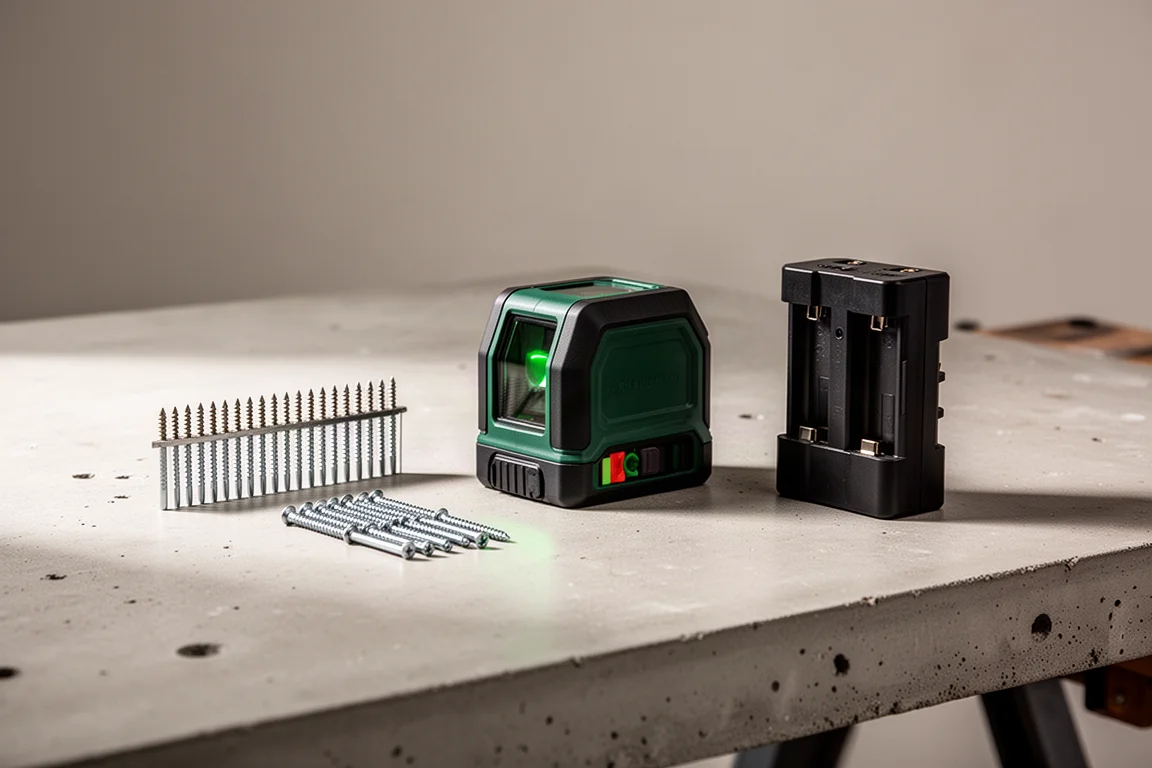 Collated fasteners, a compact laser level and a battery adapter arranged on a concrete workbench