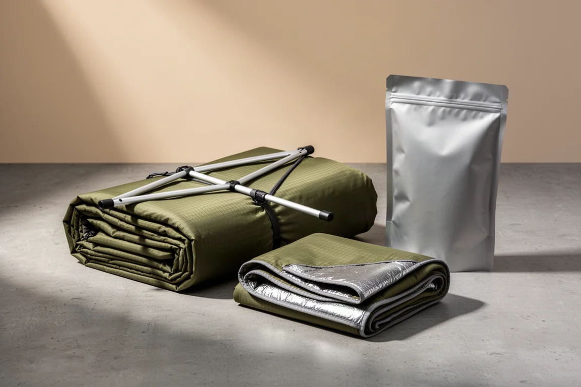 Hammock tent bundle, folded field blanket, and foil meal pouch arranged on a concrete surface