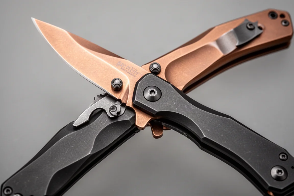 Close-up van een koperkleurig clip point lemmet naast zwarte titanium handvatten