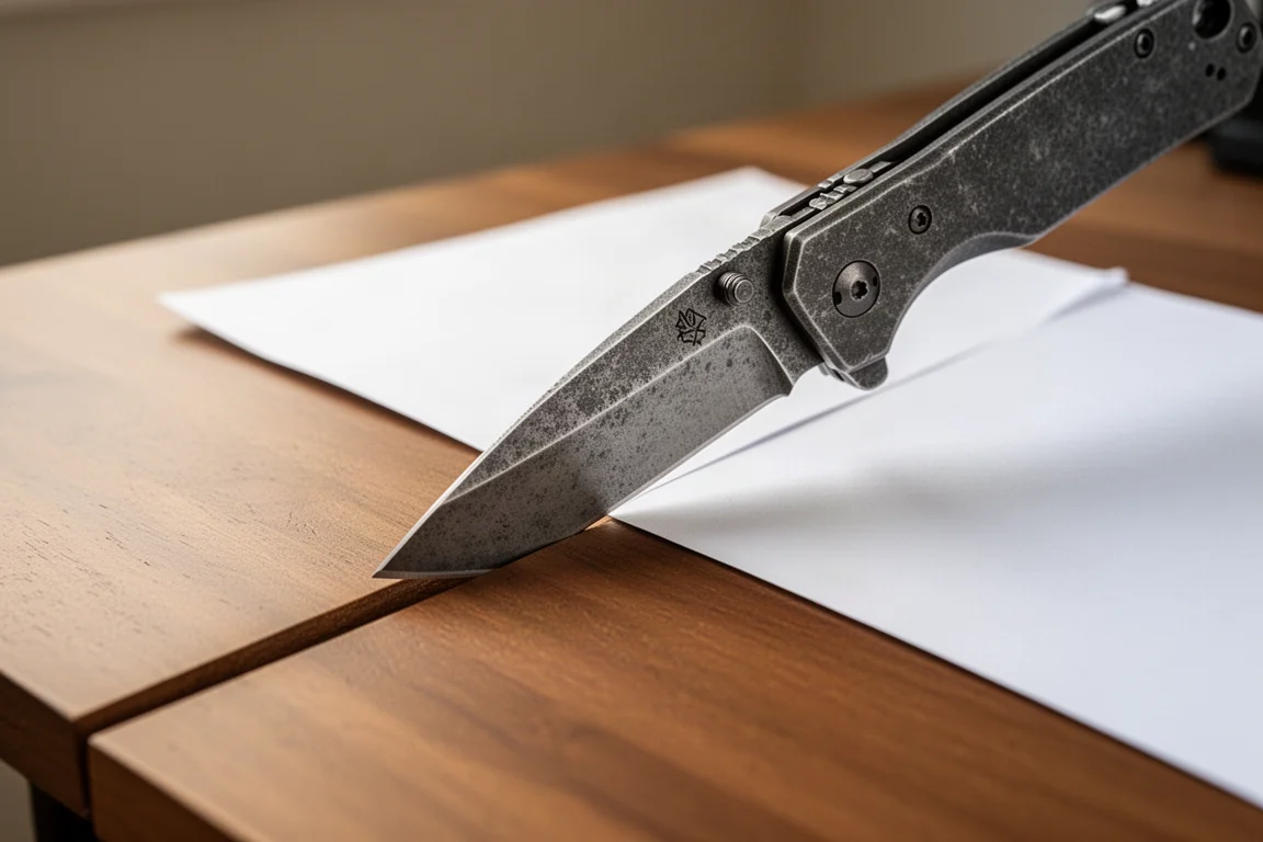 Hand houdt een papiersnijtest vast met een dun gestonewashed lemmet