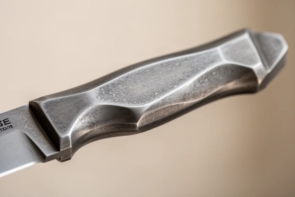 Gesculptuurde titanium textuur van het handvat van een zakmes in daglicht