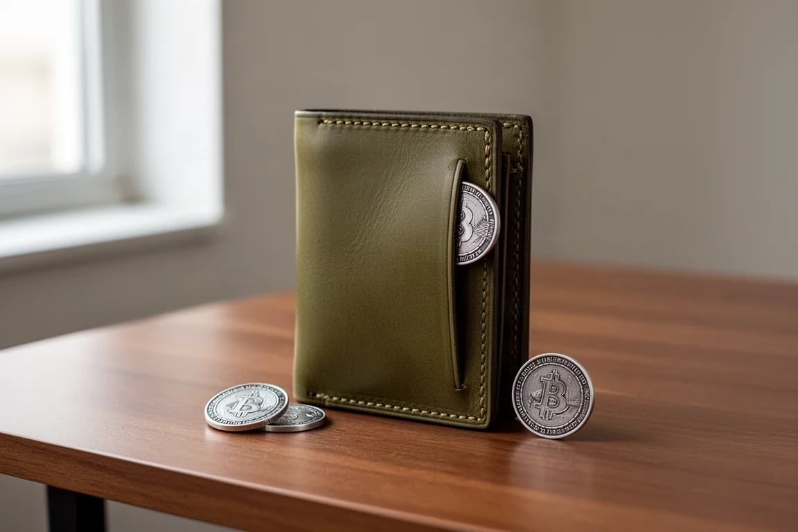 Olive leather minimalist wallet on a desk beside a pair of carry coins