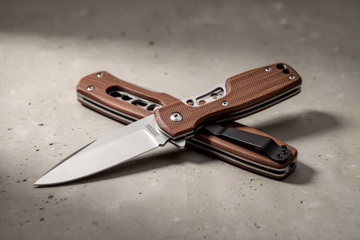 Folding pocket knife with brown canvas Micarta scales on concrete