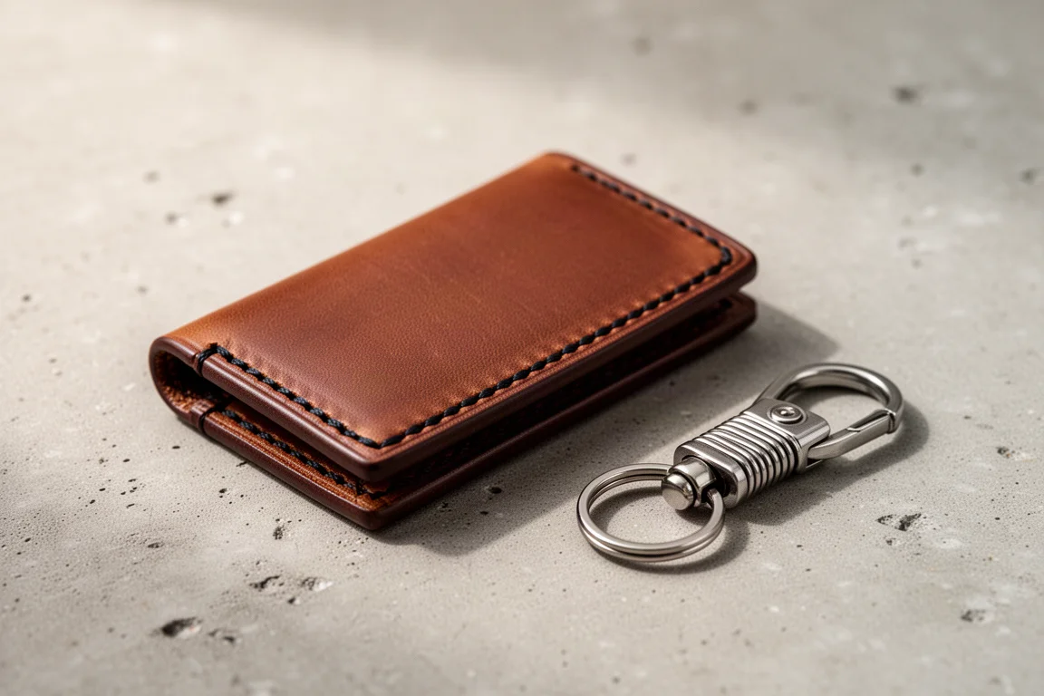 Hands attaching a key ring to a leather key organizer snap
