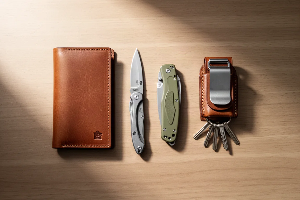 Everyday carry items laid out flat on a desk in soft morning light