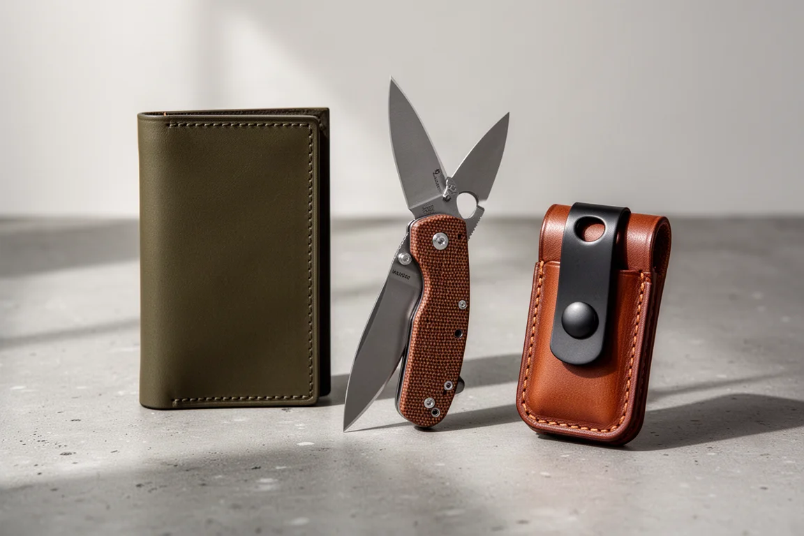 Leather wallet, folding knife, and key organizer arranged on a concrete surface