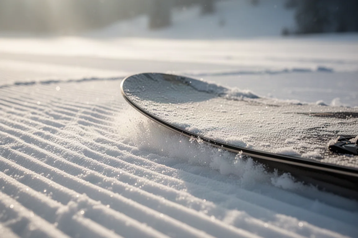 Snowboardrand snijdt een strakke boog in vers geprepareerde corduroy-sneeuw