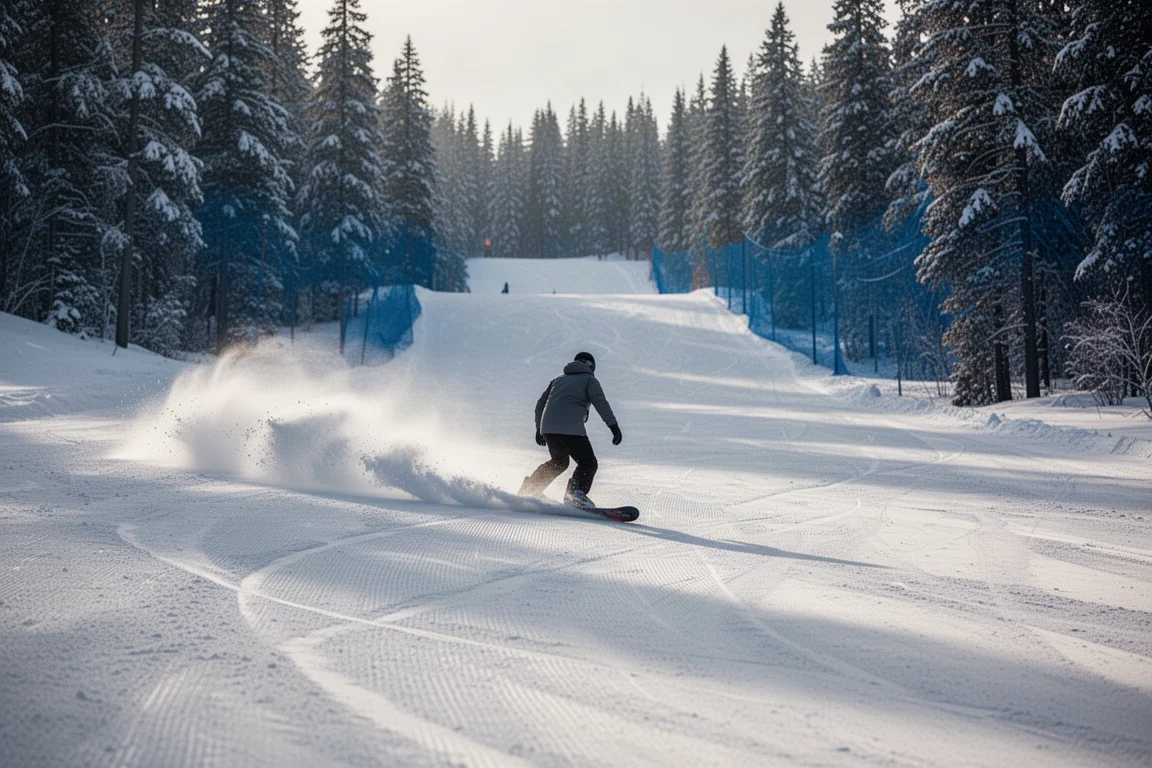 Snowboarder van achteren gezien maakt een lange turn op een breed geprepareerde piste