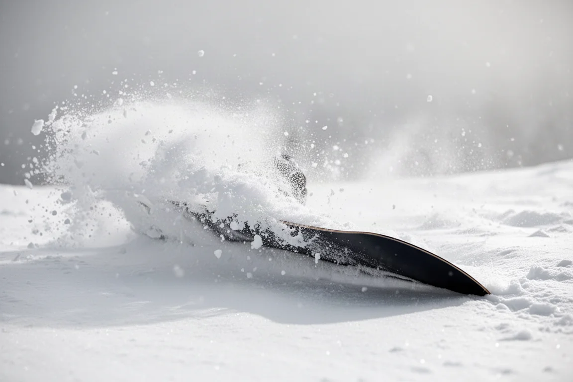 Brede snowboardneus glijdt door zachte lenteslush met sneeuwspetters