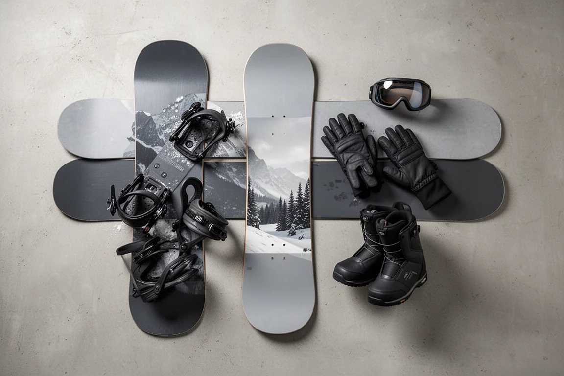 Van bovenaf gefotografeerde platte integratie van snowboard, bindings, boots, handschoenen en goggles op beton