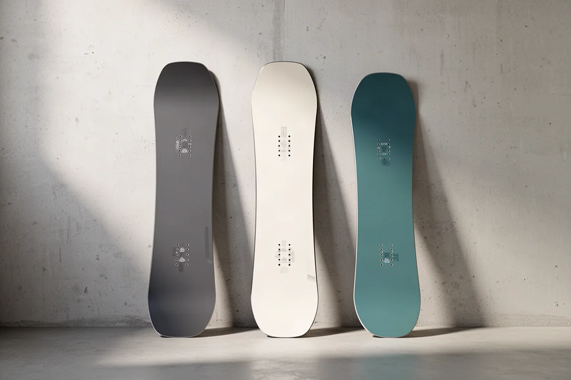 Three snowboards leaning side by side against a concrete wall in soft studio light