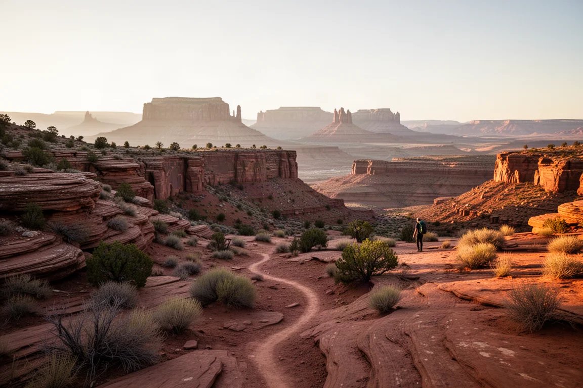 Wijd woestijncanyonlandschap tijdens het gouden uur met een pad over rode slickrock en een wandelaar in de verte