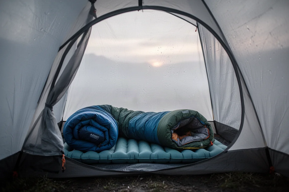 Interieur van een kleine backpacktent bij zonsopgang met een slaapzak en een opgeblazen slaapmatje
