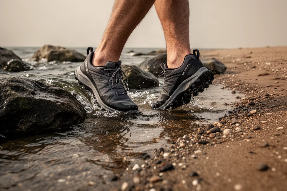 Trailschoenen die een ondiepe heldere beek oversteken over donkere natte rotsen in laag namiddaglicht