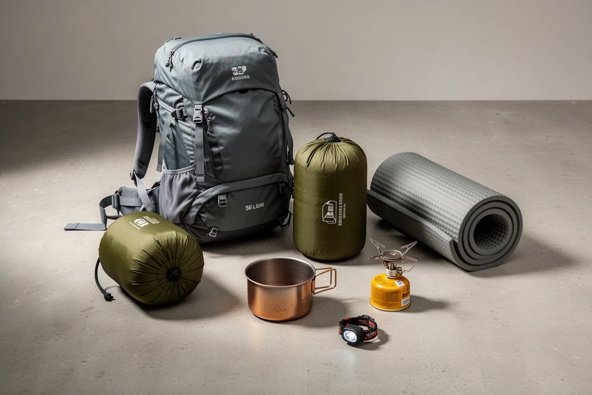 Three-season backpacking gear arranged on concrete: backpack, tent, sleeping bag, pad, and cook kit