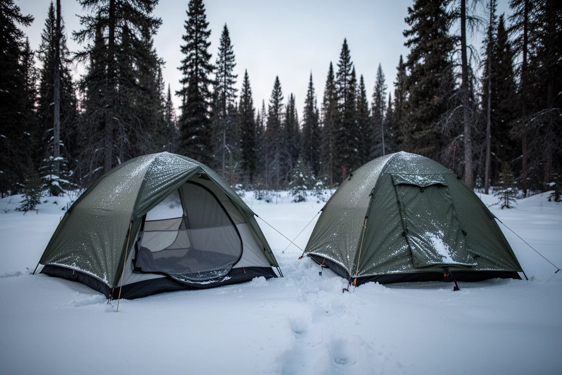 Two backpacking tents pitched in a snowy forest clearing at blue hour