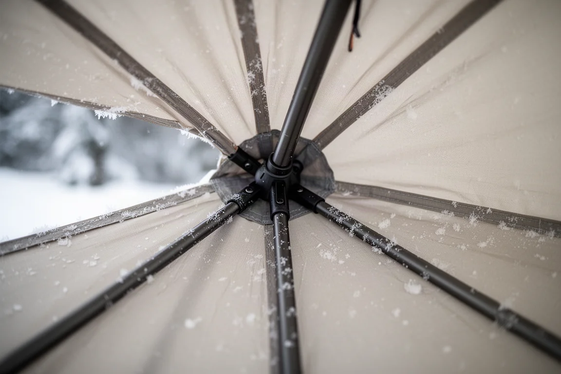 Close-up of a tent pole hub junction on a snow-dusted fly with frost on the seams