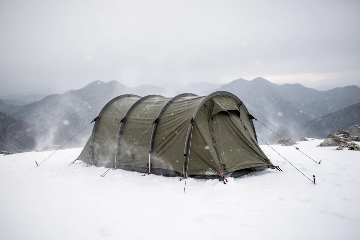Low tunnel tent guyed out on an exposed snowy ridge with windblown snow