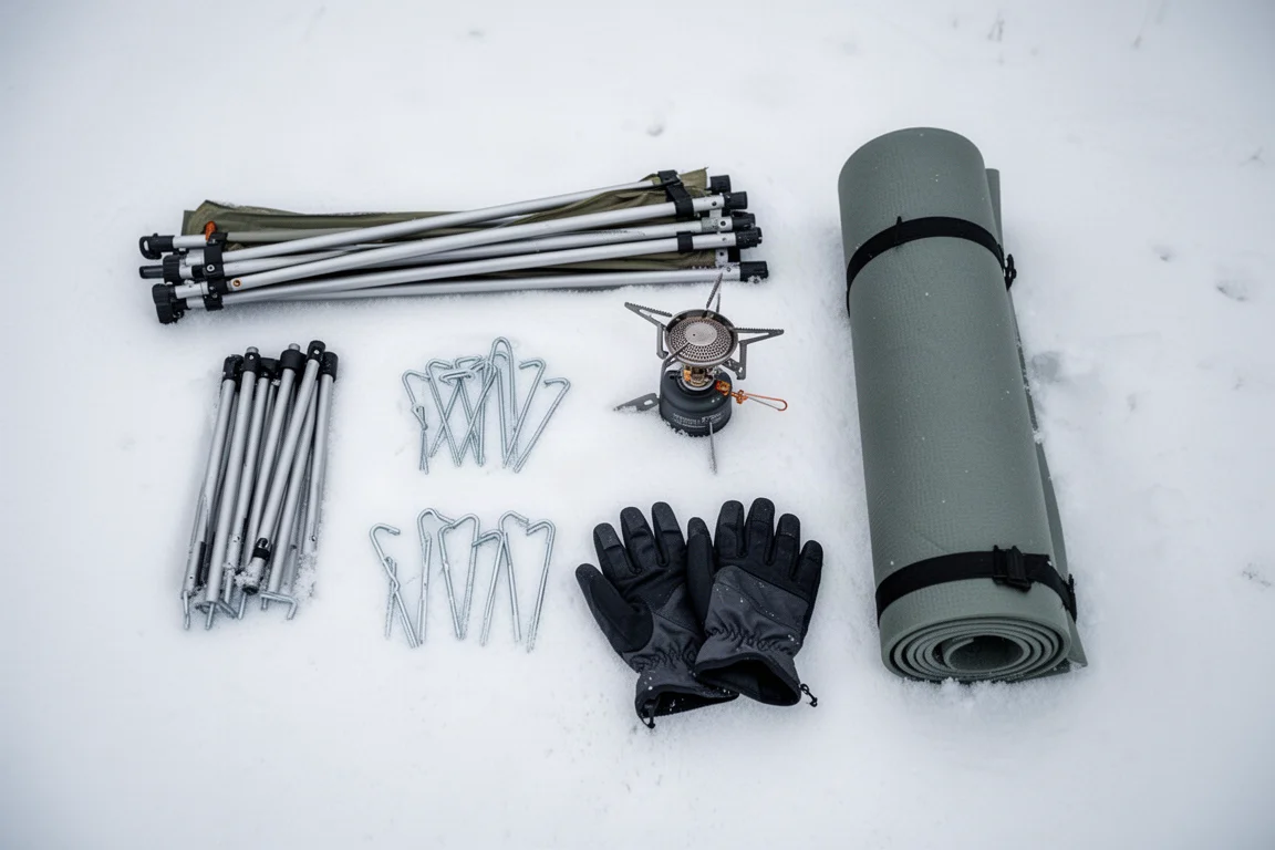 Overhead flat-lay of winter camping essentials arranged on packed snow