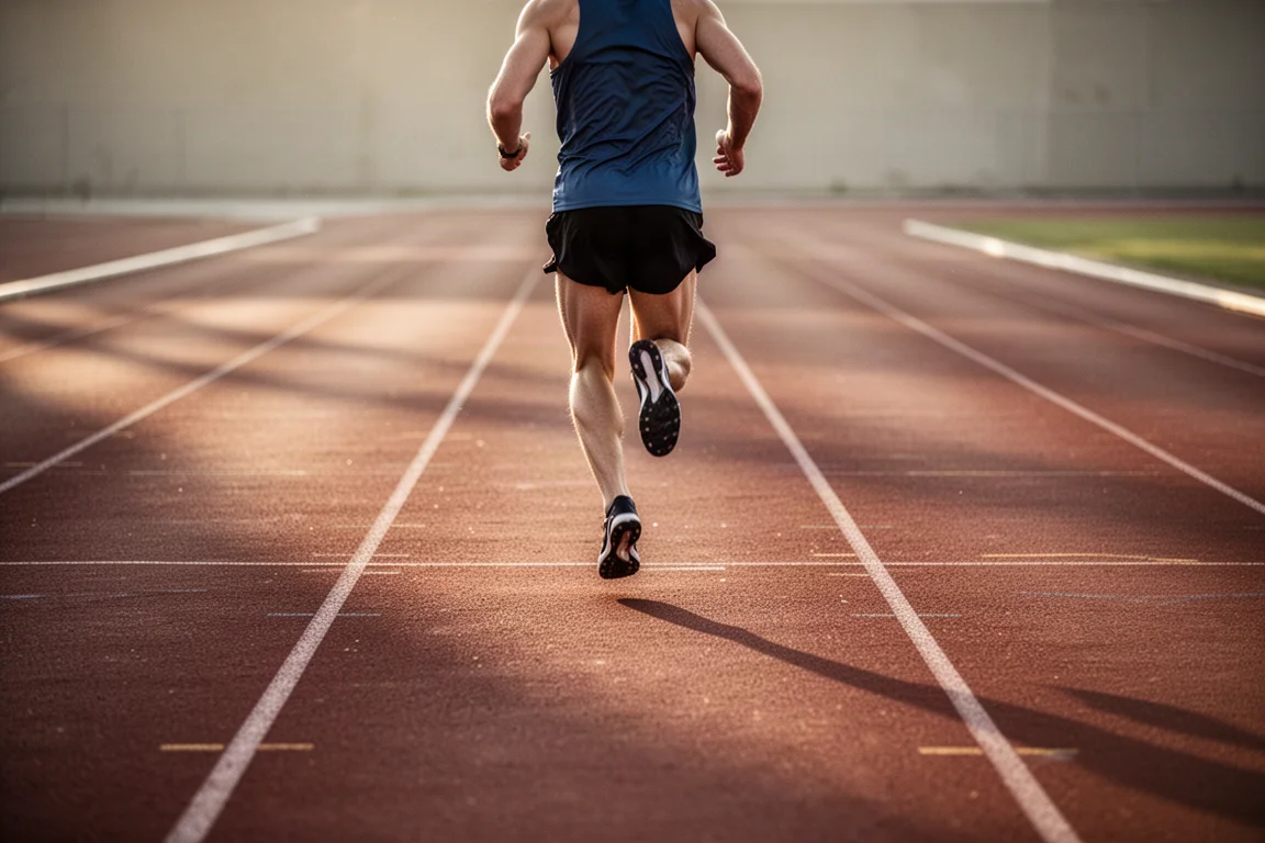 Corredor haciendo series de intervalos en una pista de atletismo vacía con luz de media tarde